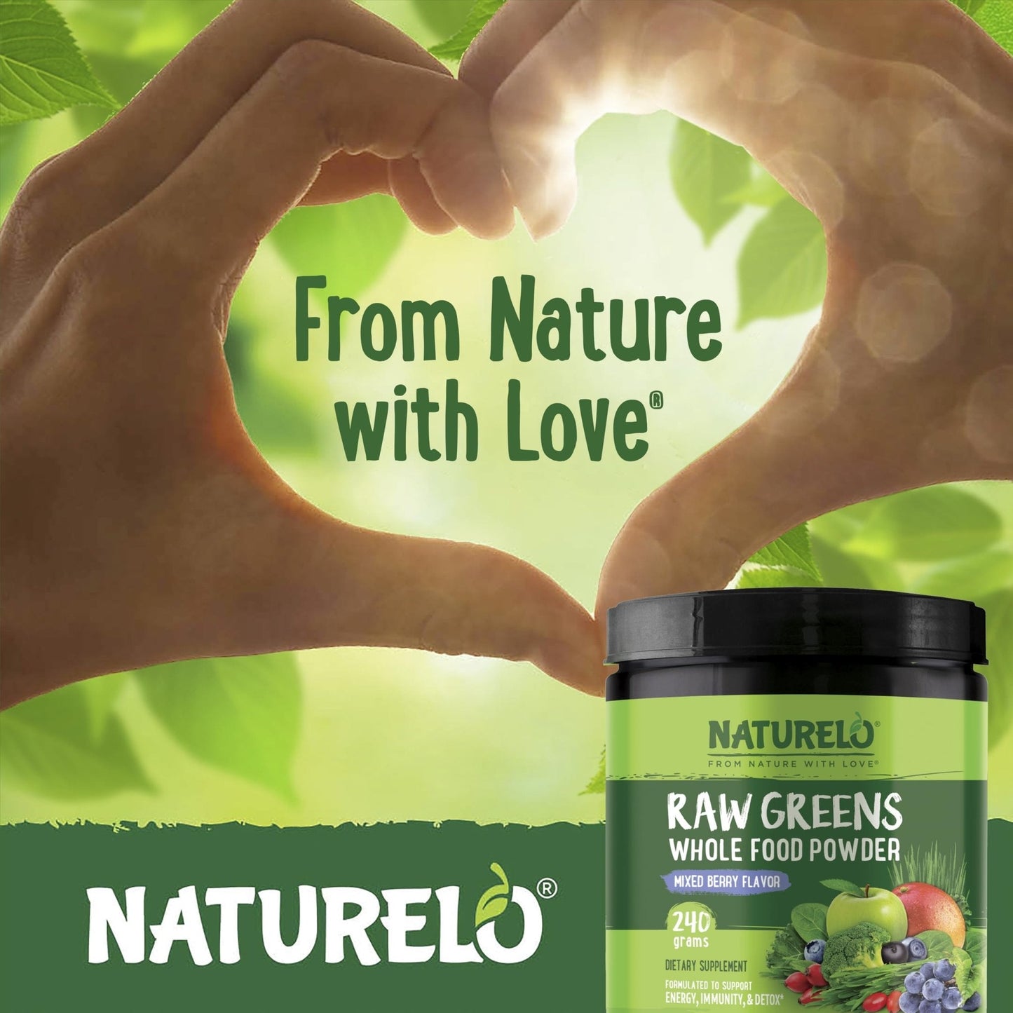 NATURELO Raw Greens Superfood Powder 240 Grams, Mixed Berry - Supports Energy, Immunity and Detox - Includes Spirulina, Wheat Grass and Organic Greens for Whole Food Nutrition - Maple Wellness Supplements