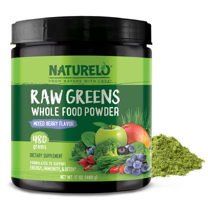 NATURELO Raw Greens Superfood Powder 480 Grams, Mixed Berry - Supports Energy, Immunity and Detox - Includes Spirulina, Wheat Grass and Organic - Maple Wellness Supplements
