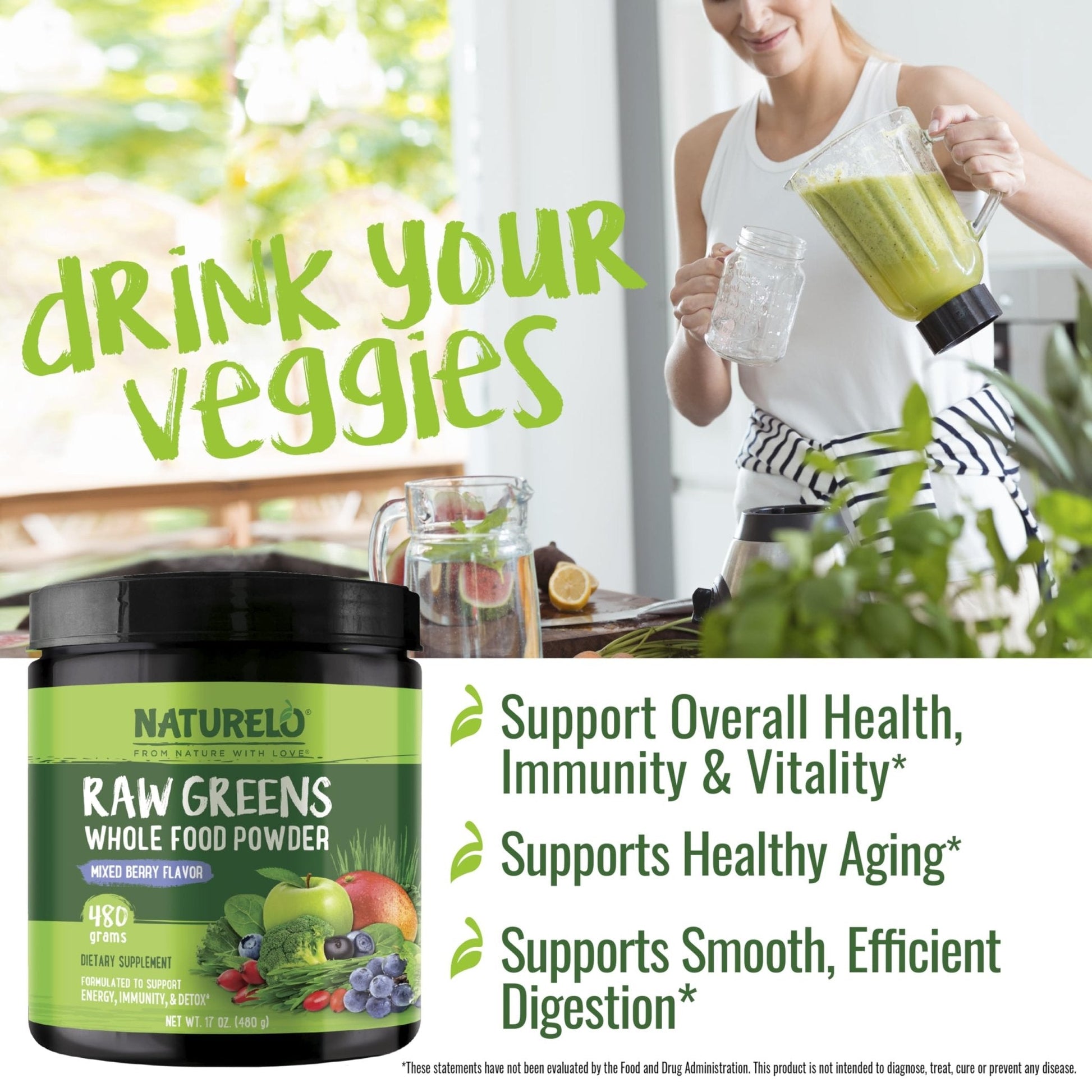 NATURELO Raw Greens Superfood Powder 480 Grams, Mixed Berry - Supports Energy, Immunity and Detox - Includes Spirulina, Wheat Grass and Organic - Maple Wellness Supplements