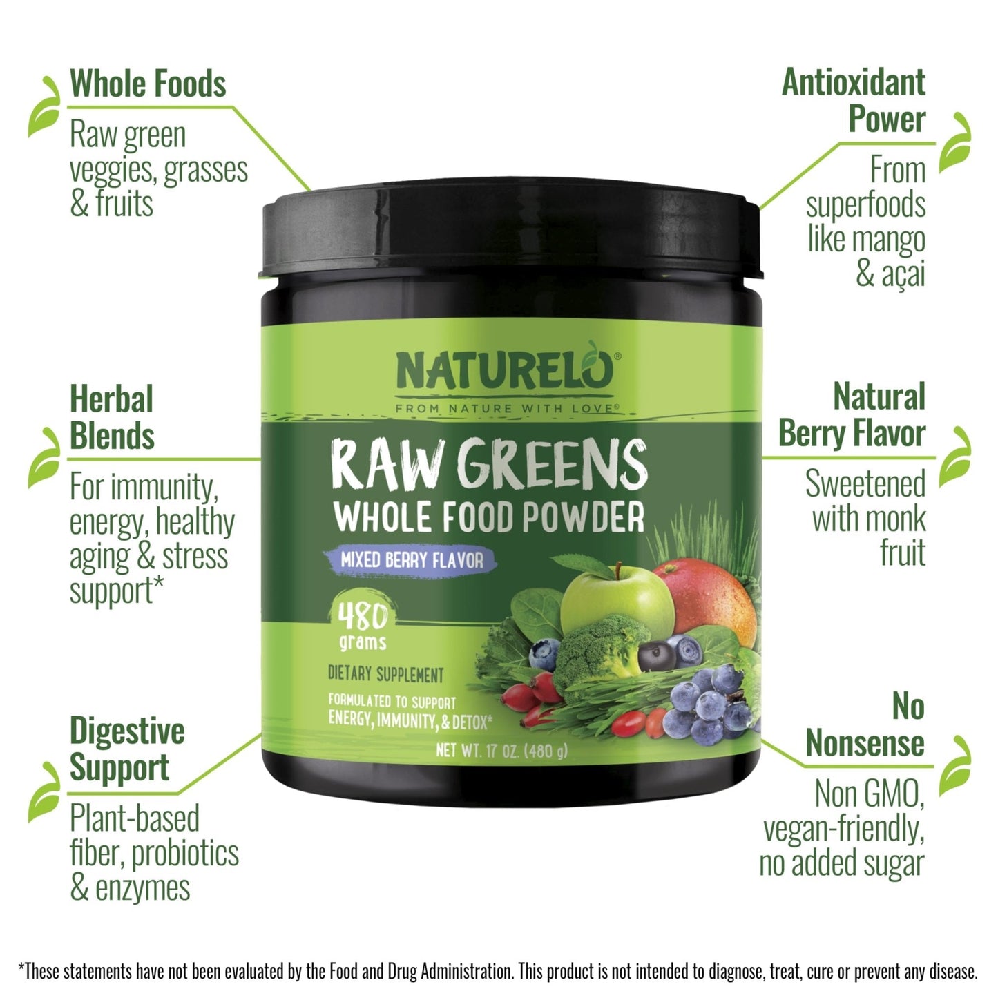 NATURELO Raw Greens Superfood Powder 480 Grams, Mixed Berry - Supports Energy, Immunity and Detox - Includes Spirulina, Wheat Grass and Organic - Maple Wellness Supplements