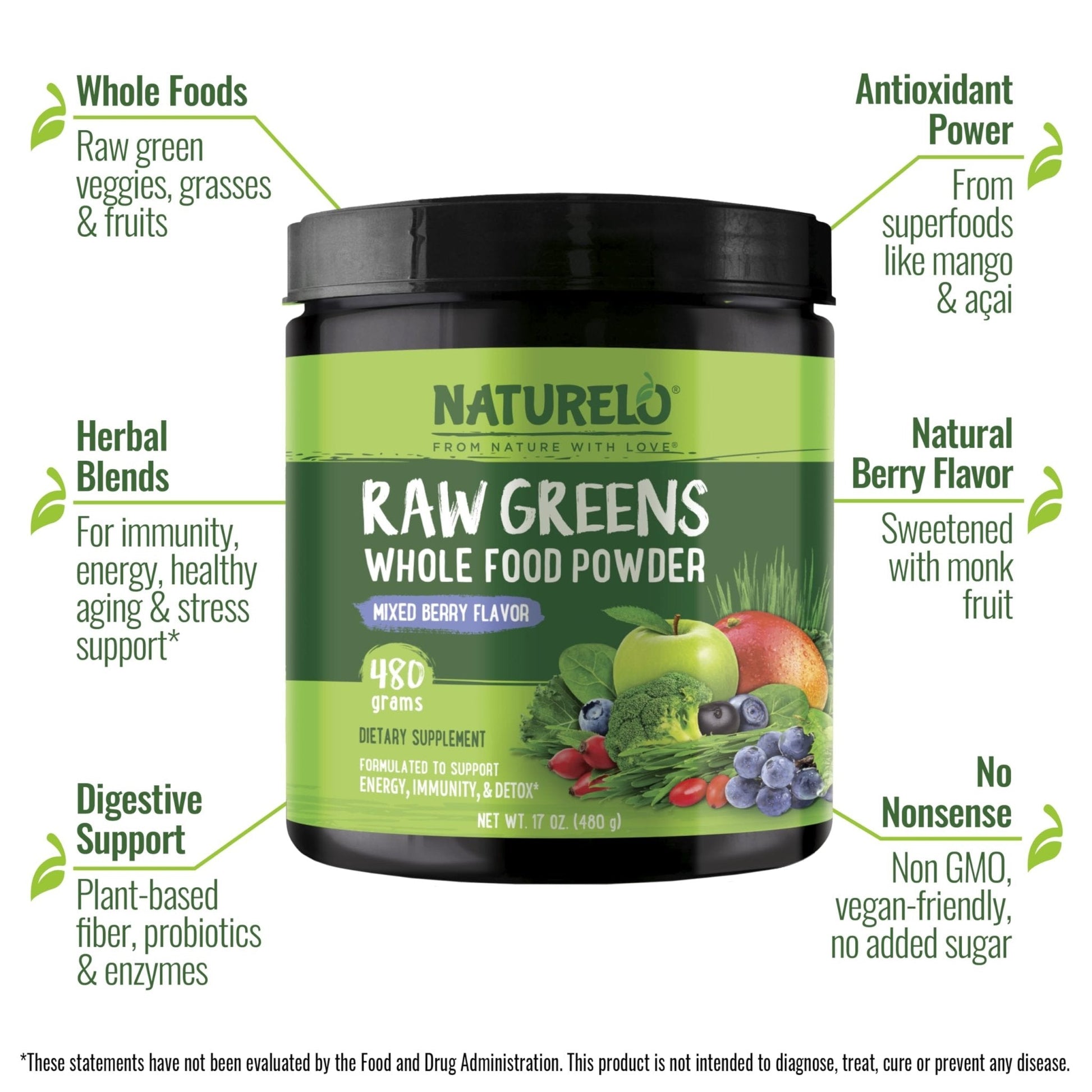 NATURELO Raw Greens Superfood Powder 480 Grams, Mixed Berry - Supports Energy, Immunity and Detox - Includes Spirulina, Wheat Grass and Organic - Maple Wellness Supplements