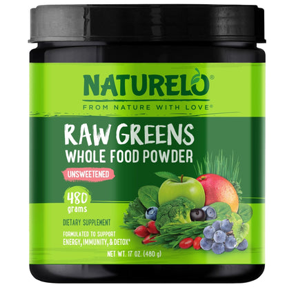 NATURELO Raw Greens Superfood Powder - Unsweetened - Boost Energy, Detox, Enhance Health - Organic Spirulina - Wheat Grass - Whole Food Nutrition from Fruits - Maple Wellness Supplements