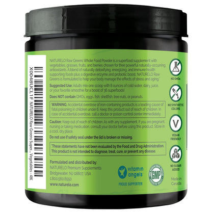 NATURELO Raw Greens Superfood Powder - Unsweetened - Boost Energy, Detox, Enhance Health - Organic Spirulina - Wheat Grass - Whole Food Nutrition from Fruits - Maple Wellness Supplements