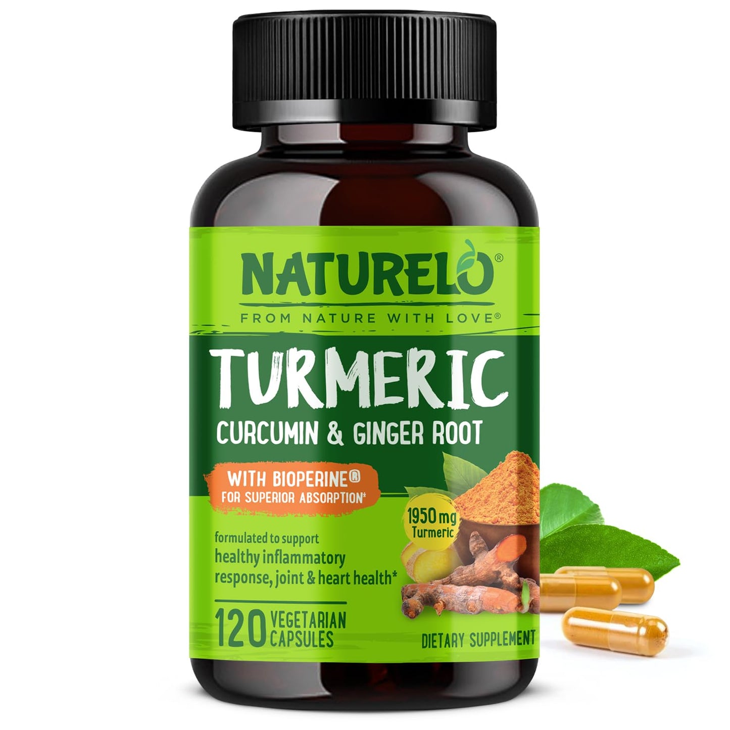 NATURELO Turmeric Curcumin - BioPerine for Better Absorption - Black Pepper, Ginger Root, Curcuminoids - Plant-Based Joint Discomfort Support - Maple Wellness Supplements