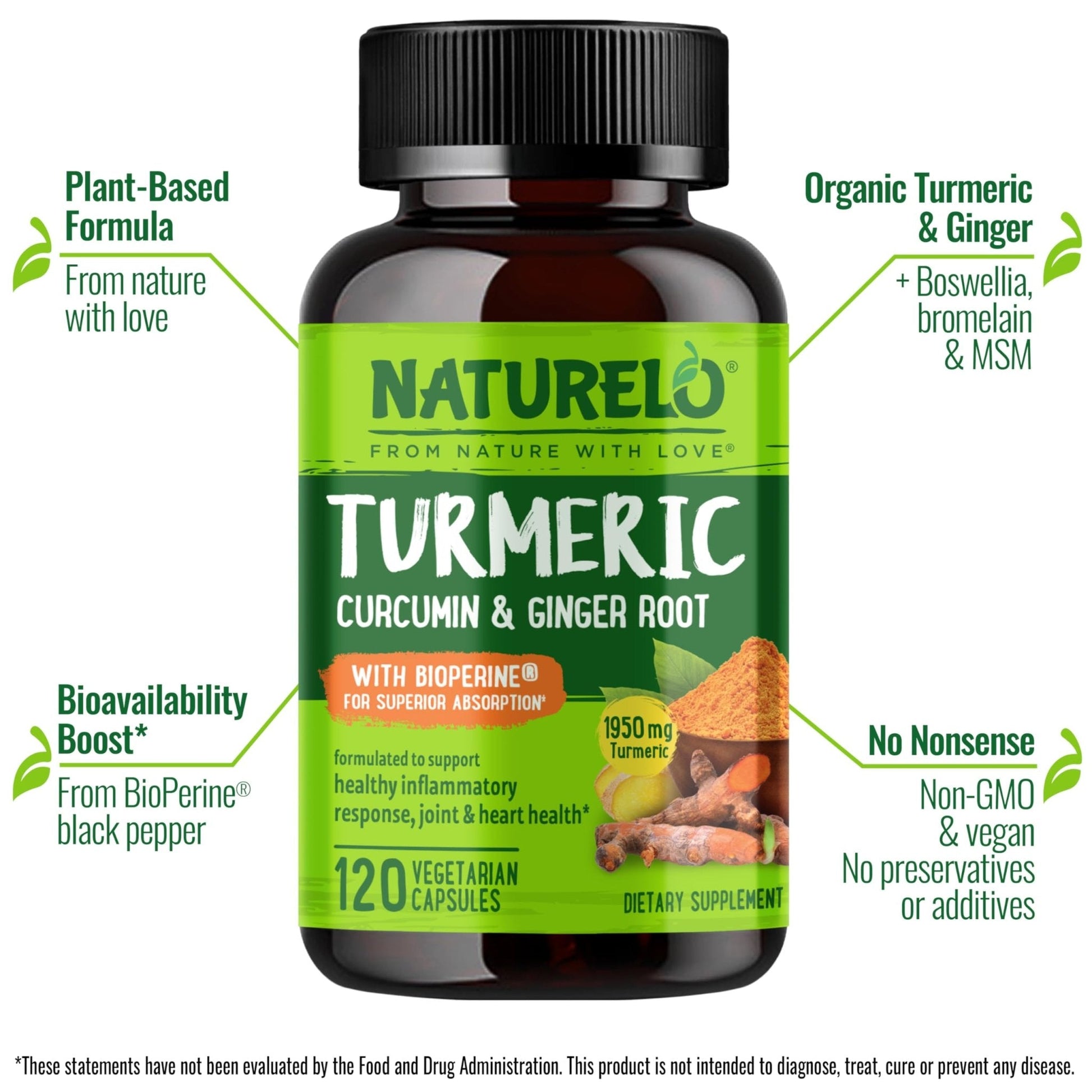 NATURELO Turmeric Curcumin - BioPerine for Better Absorption - Black Pepper, Ginger Root, Curcuminoids - Plant-Based Joint Discomfort Support - Maple Wellness Supplements