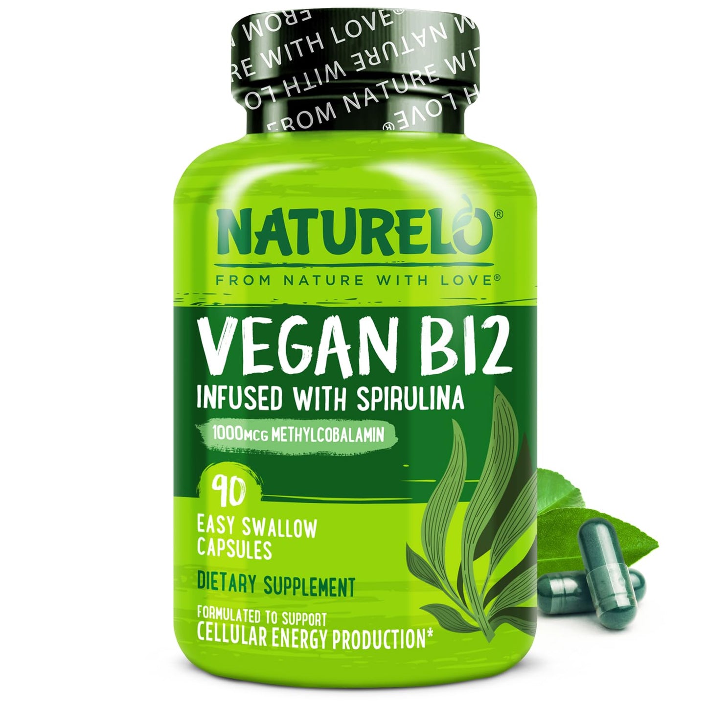 NATURELO Vegan B12 - Methyl B12 with Organic Spirulina - High Potency Vitamin B12 1000 mcg Methylcobalamin - Supports Healthy Mood - Maple Wellness Supplements