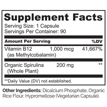NATURELO Vegan B12 - Methyl B12 with Organic Spirulina - High Potency Vitamin B12 1000 mcg Methylcobalamin - Supports Healthy Mood - Maple Wellness Supplements