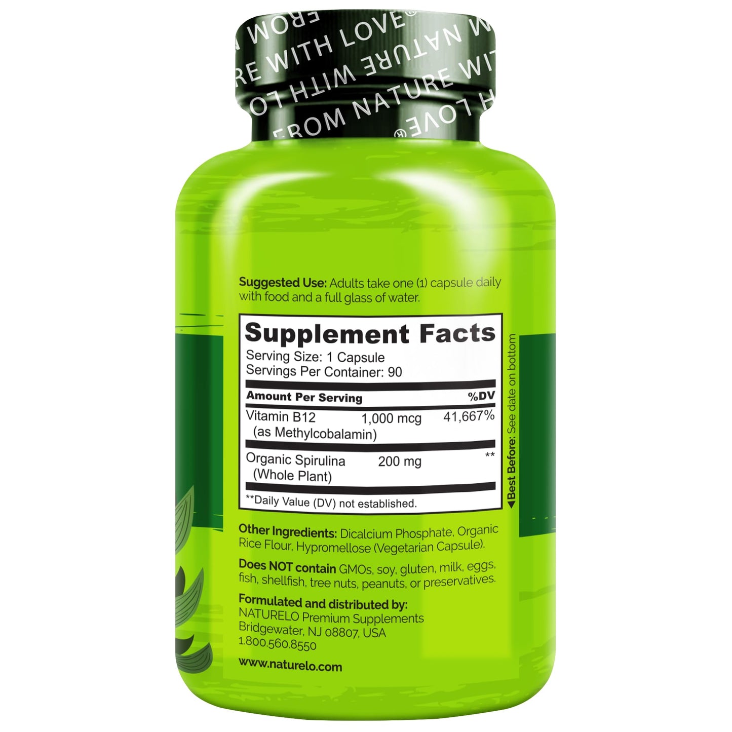 NATURELO Vegan B12 - Methyl B12 with Organic Spirulina - High Potency Vitamin B12 1000 mcg Methylcobalamin - Supports Healthy Mood - Maple Wellness Supplements