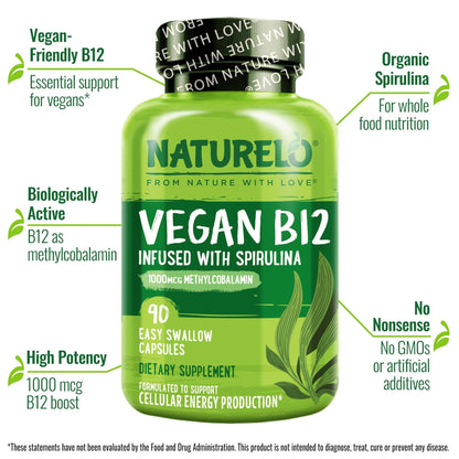 NATURELO Vegan B12 - Methyl B12 with Organic Spirulina - High Potency Vitamin B12 1000 mcg Methylcobalamin - Supports Healthy Mood - Maple Wellness Supplements