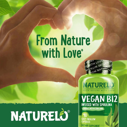 NATURELO Vegan B12 - Methyl B12 with Organic Spirulina - High Potency Vitamin B12 1000 mcg Methylcobalamin - Supports Healthy Mood - Maple Wellness Supplements