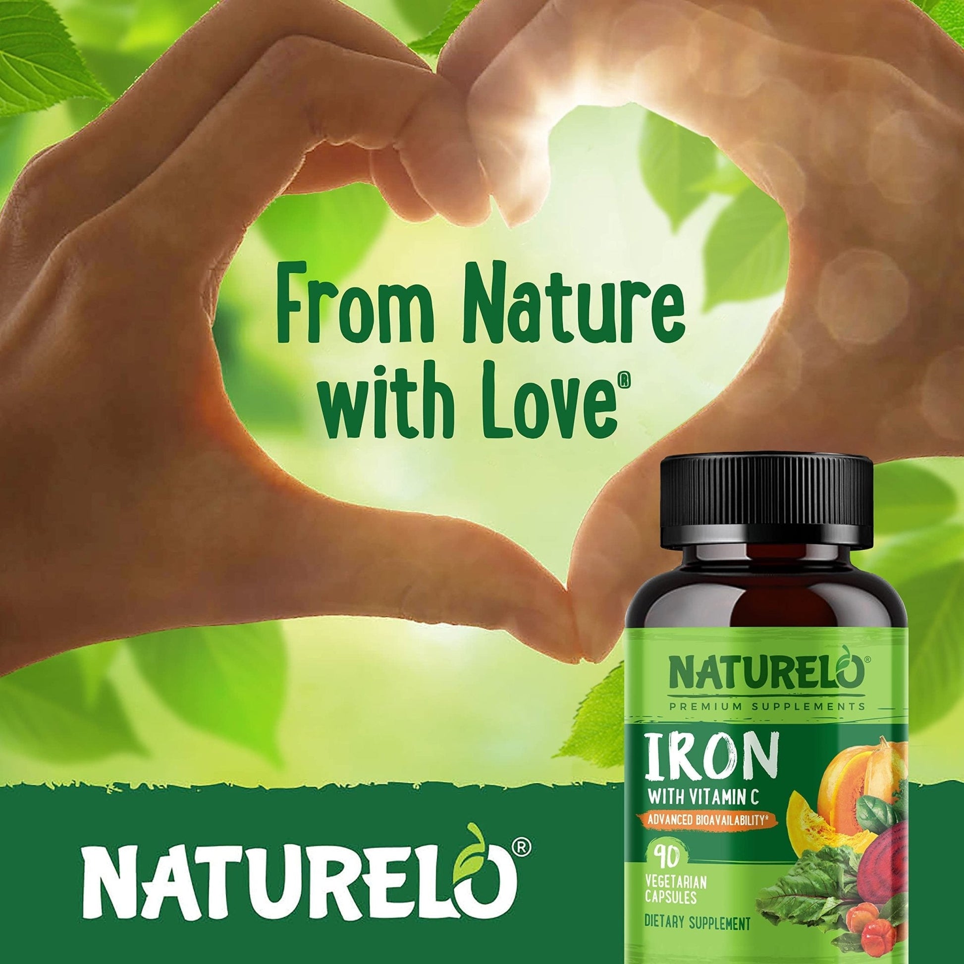 NATURELO Vegan Iron Supplement with Vitamin C and Organic Whole Foods - Gentle Iron Pills for Women & Men with Iron Deficiency Including Pregnancy - Maple Wellness Supplements