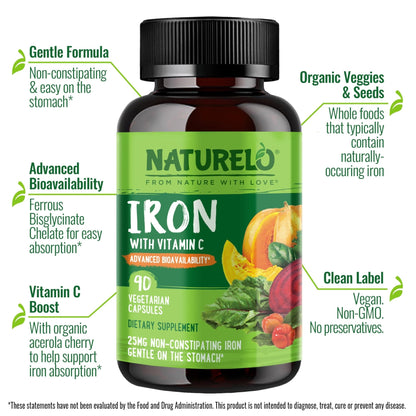 NATURELO Vegan Iron Supplement with Vitamin C and Organic Whole Foods - Gentle Iron Pills for Women & Men with Iron Deficiency Including Pregnancy - Maple Wellness Supplements