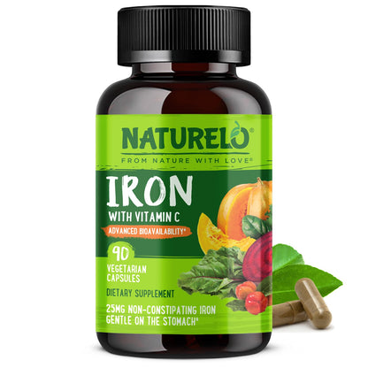 NATURELO Vegan Iron Supplement with Vitamin C and Organic Whole Foods - Gentle Iron Pills for Women & Men with Iron Deficiency Including Pregnancy - Maple Wellness Supplements
