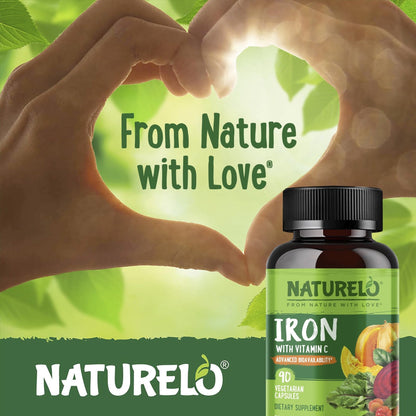 NATURELO Vegan Iron Supplement with Vitamin C and Organic Whole Foods - Gentle Iron Pills for Women & Men with Iron Deficiency Including Pregnancy - Maple Wellness Supplements