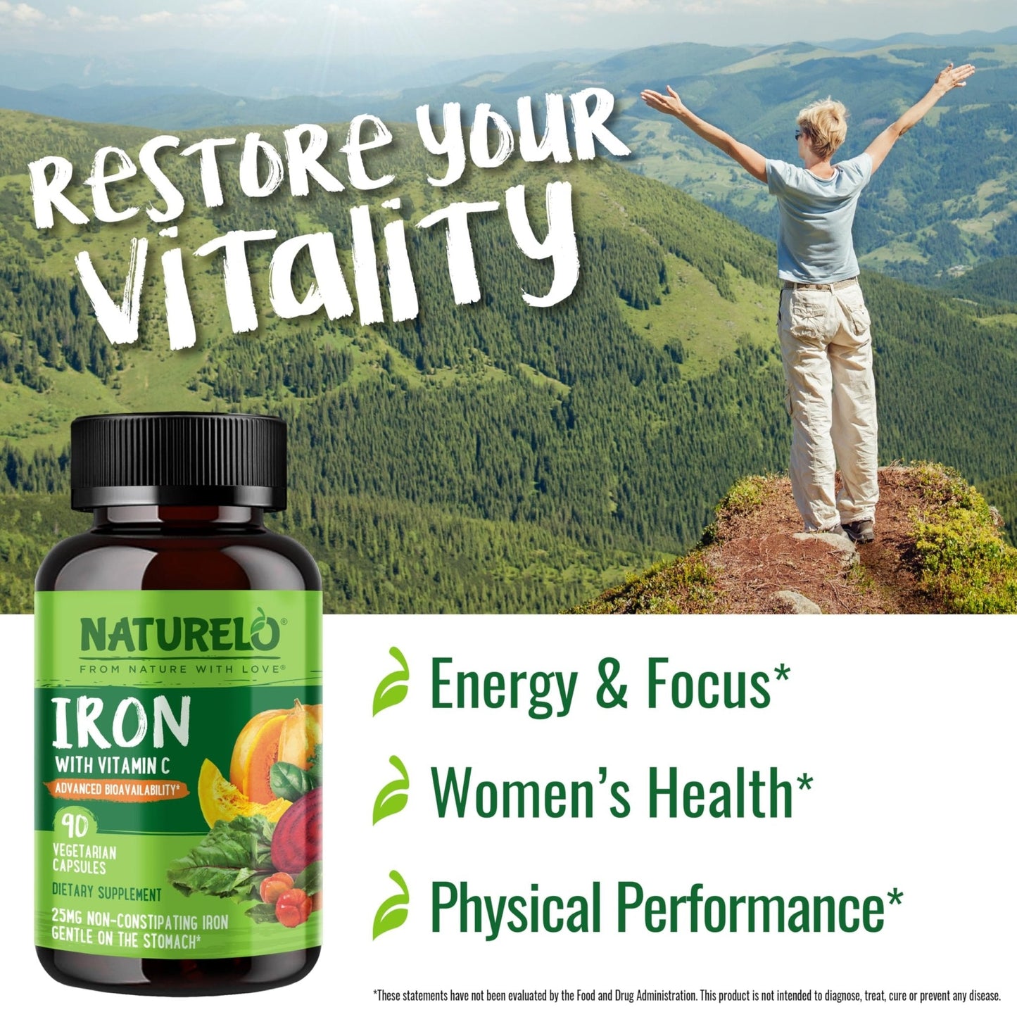 NATURELO Vegan Iron Supplement with Vitamin C and Organic Whole Foods - Gentle Iron Pills for Women & Men with Iron Deficiency Including Pregnancy - Maple Wellness Supplements