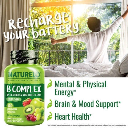 NATURELO Vitamin B Complex,120 Capsules, Vegan, CoQ10, Methyl Folate, Biotin, Fruit & Veg Blend, Supports Energy and Healthy Stress Response - Maple Wellness Supplements