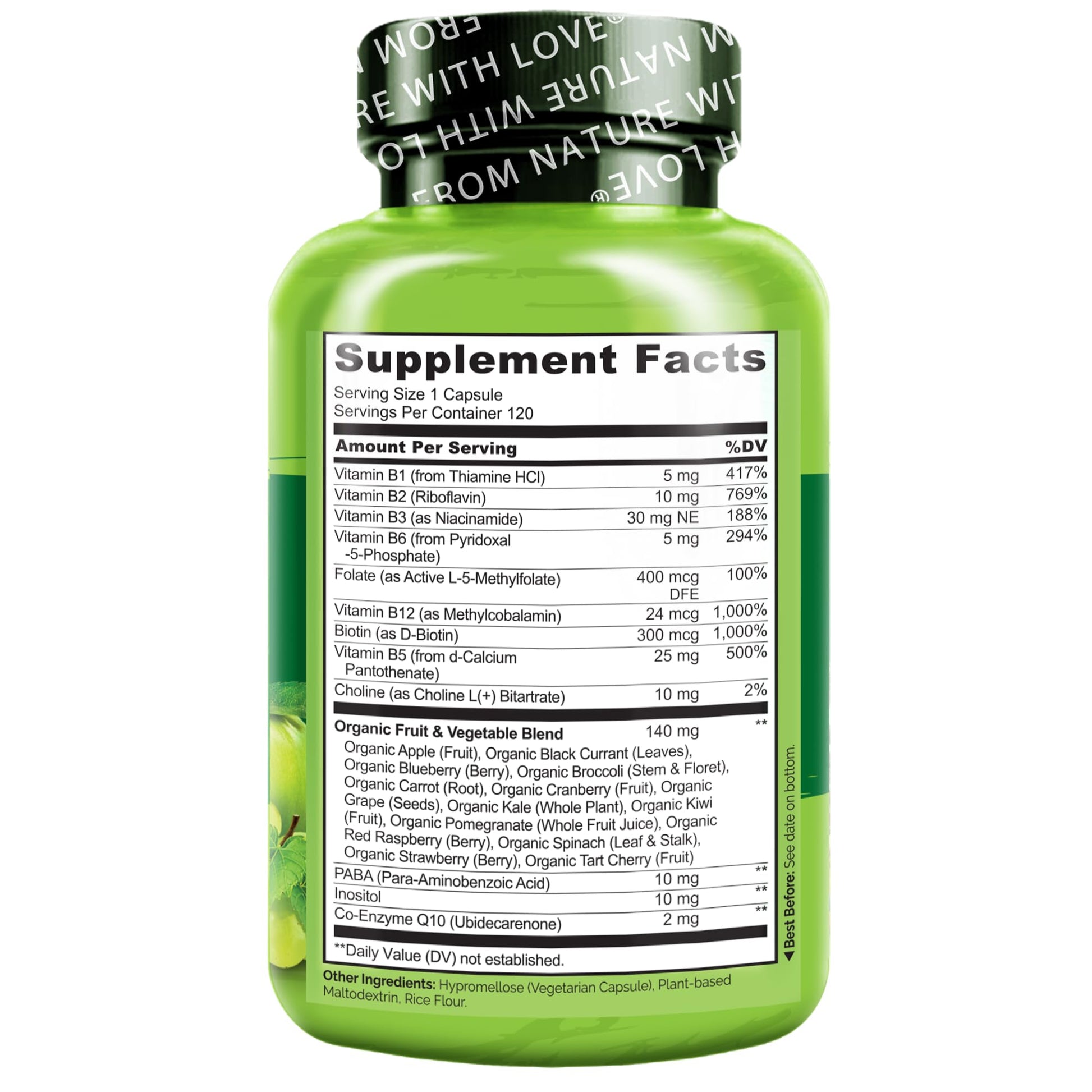 NATURELO Vitamin B Complex,120 Capsules, Vegan, CoQ10, Methyl Folate, Biotin, Fruit & Veg Blend, Supports Energy and Healthy Stress Response - Maple Wellness Supplements