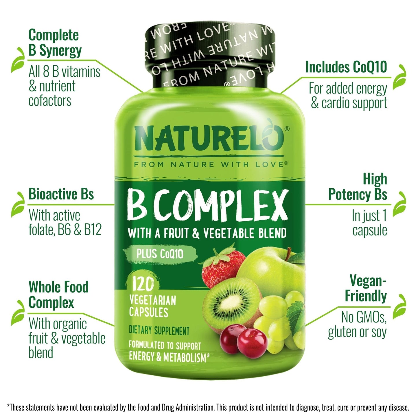 NATURELO Vitamin B Complex,120 Capsules, Vegan, CoQ10, Methyl Folate, Biotin, Fruit & Veg Blend, Supports Energy and Healthy Stress Response - Maple Wellness Supplements