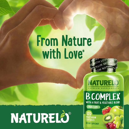 NATURELO Vitamin B Complex,120 Capsules, Vegan, CoQ10, Methyl Folate, Biotin, Fruit & Veg Blend, Supports Energy and Healthy Stress Response - Maple Wellness Supplements