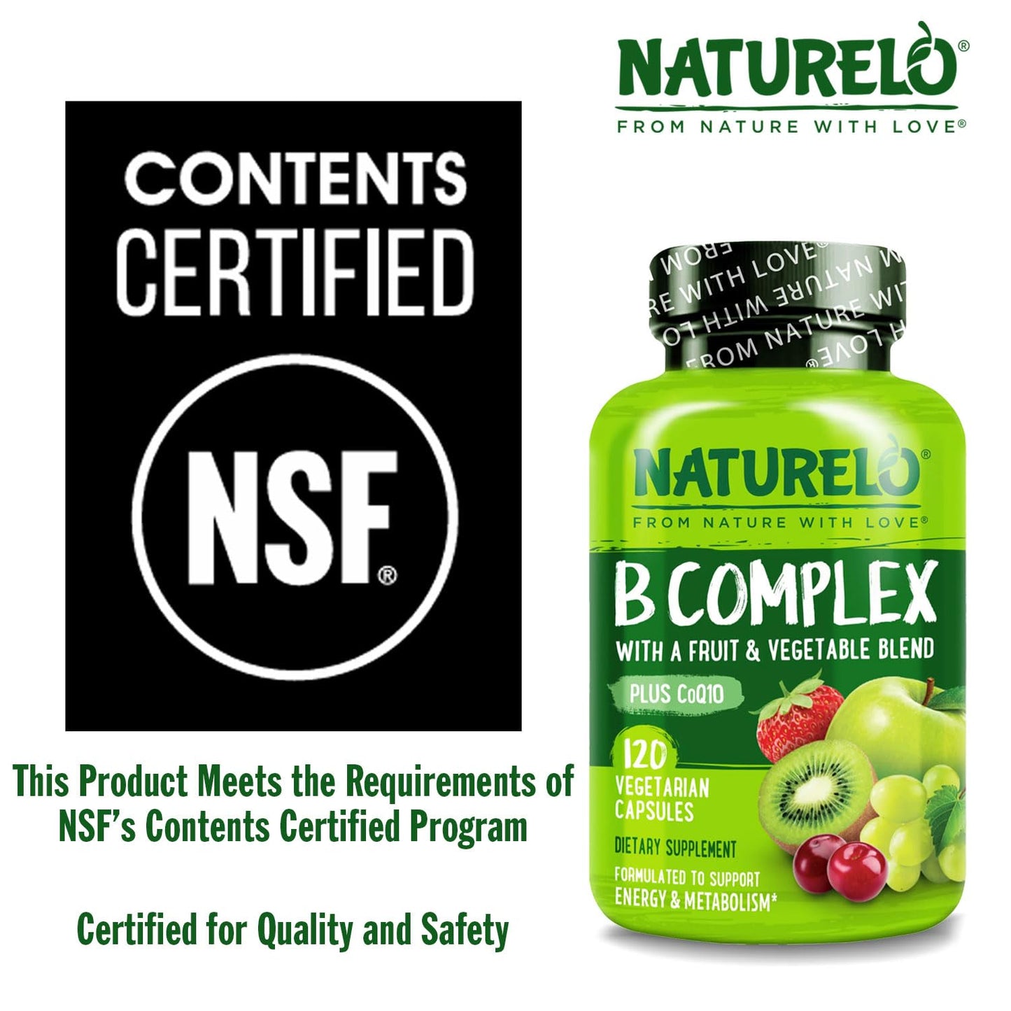 NATURELO Vitamin B Complex,120 Capsules, Vegan, CoQ10, Methyl Folate, Biotin, Fruit & Veg Blend, Supports Energy and Healthy Stress Response - Maple Wellness Supplements