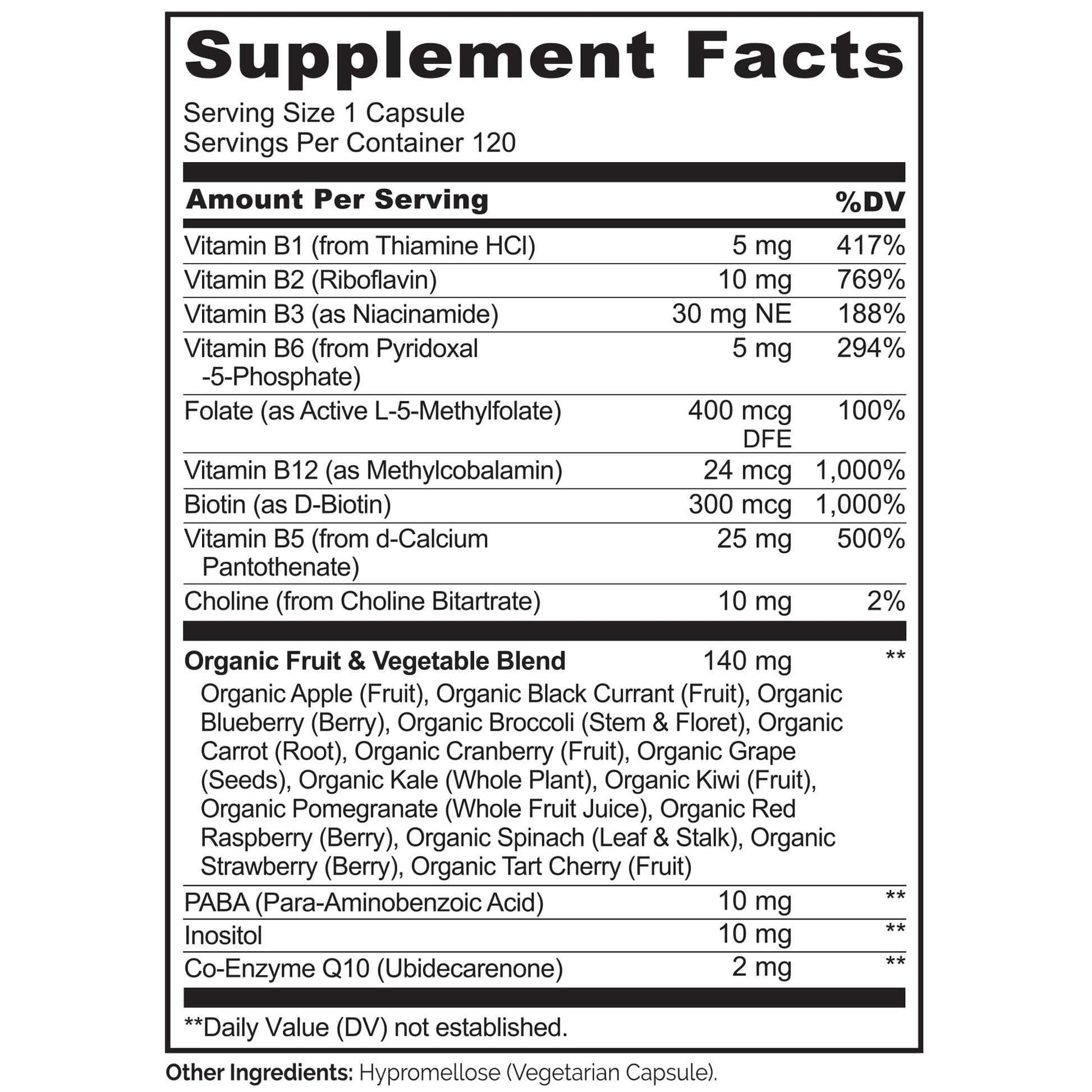 NATURELO Vitamin B Complex,120 Capsules, Vegan, CoQ10, Methyl Folate, Biotin, Fruit & Veg Blend, Supports Energy and Healthy Stress Response - Maple Wellness Supplements