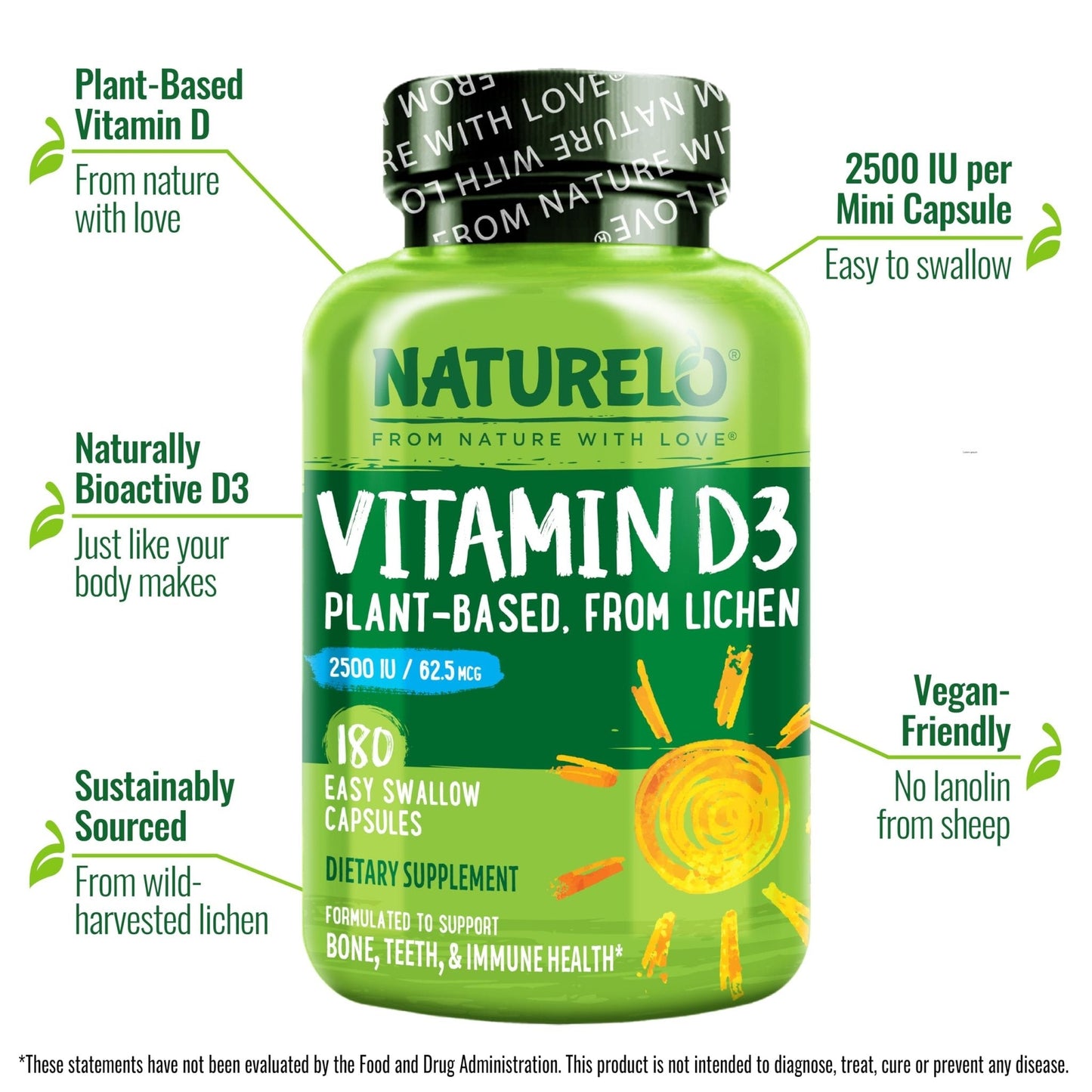 NATURELO Vitamin D - 2500 IU - Plant Based from Lichen - Natural D3 Supplement for Immune System, Bone Support, Joint Health - Vegan - Maple Wellness Supplements