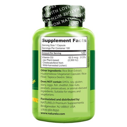 NATURELO Vitamin D - 2500 IU - Plant Based from Lichen - Natural D3 Supplement for Immune System, Bone Support, Joint Health - Vegan - Maple Wellness Supplements