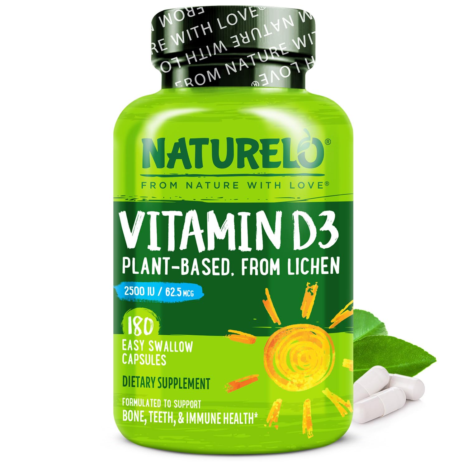 NATURELO Vitamin D - 2500 IU - Plant Based from Lichen - Natural D3 Supplement for Immune System, Bone Support, Joint Health - Vegan - Maple Wellness Supplements