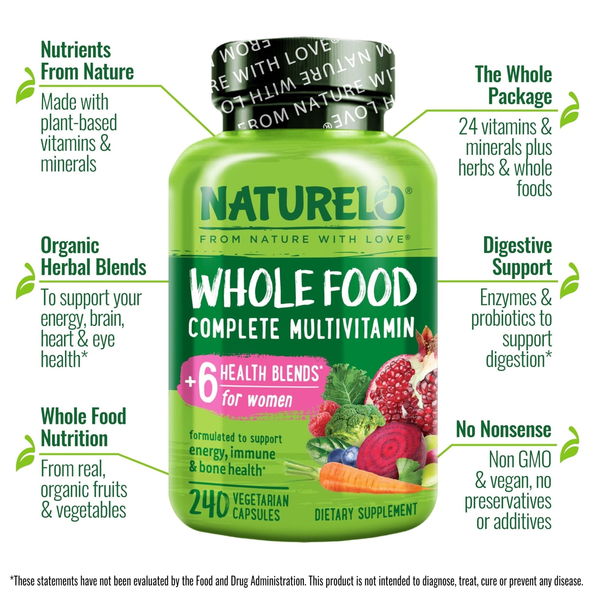 NATURELO Whole Food Multivitamin for Women - with Vitamins, Minerals, & Organic Extracts - Supplement for Energy and Heart Health - Maple Wellness Supplements