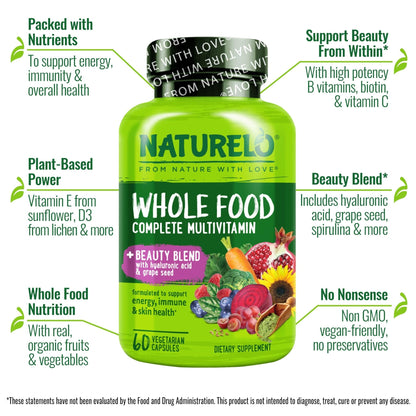 NATURELO Whole Food Multivitamin with Extra Hair, Skin and Nails Support - Beauty Blend with Hyaluronic Acid & Grape Seed - High Potency Biotin, Vitamin C - Maple Wellness Supplements