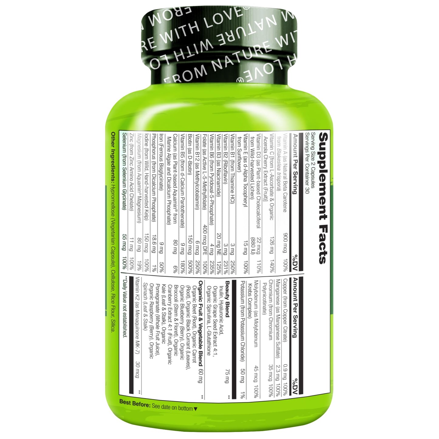 NATURELO Whole Food Multivitamin with Extra Hair, Skin and Nails Support - Beauty Blend with Hyaluronic Acid & Grape Seed - High Potency Biotin, Vitamin C - Maple Wellness Supplements