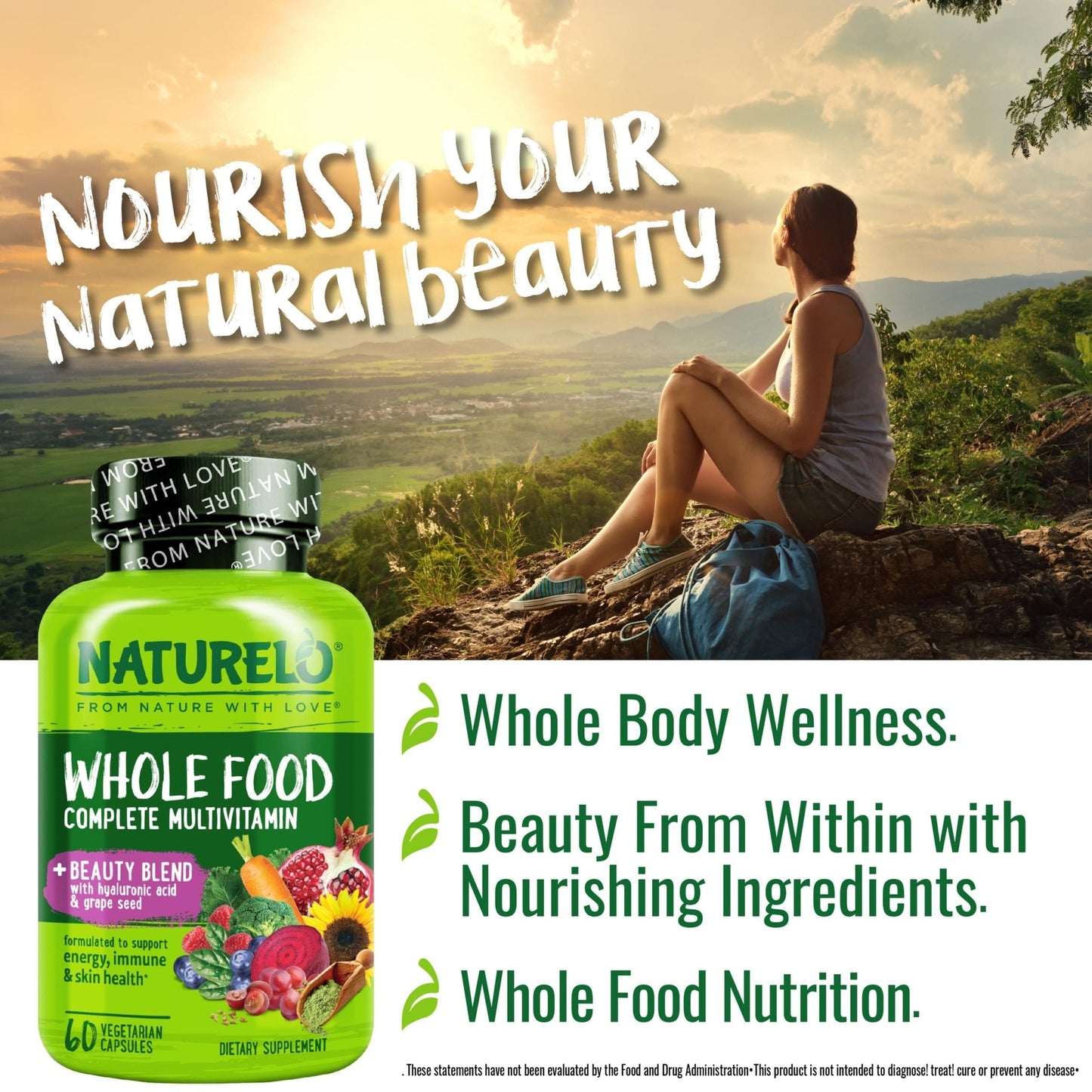 NATURELO Whole Food Multivitamin with Extra Hair, Skin and Nails Support - Beauty Blend with Hyaluronic Acid & Grape Seed - High Potency Biotin, Vitamin C - Maple Wellness Supplements