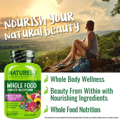 NATURELO Whole Food Multivitamin with Extra Hair, Skin and Nails Support - Beauty Blend with Hyaluronic Acid & Grape Seed - High Potency Biotin, Vitamin C - Maple Wellness Supplements