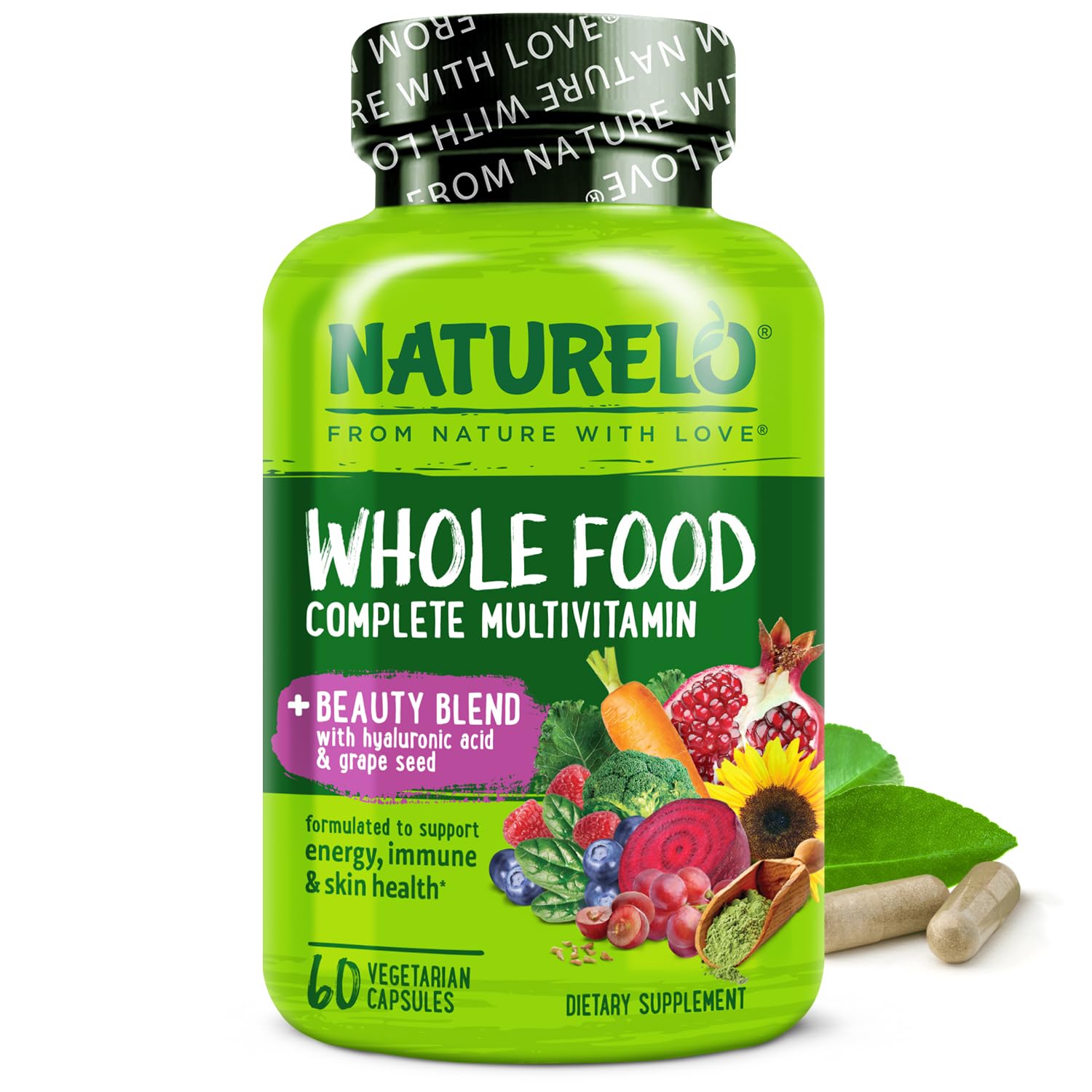 NATURELO Whole Food Multivitamin with Extra Hair, Skin and Nails Support - Beauty Blend with Hyaluronic Acid & Grape Seed - High Potency Biotin, Vitamin C - Maple Wellness Supplements