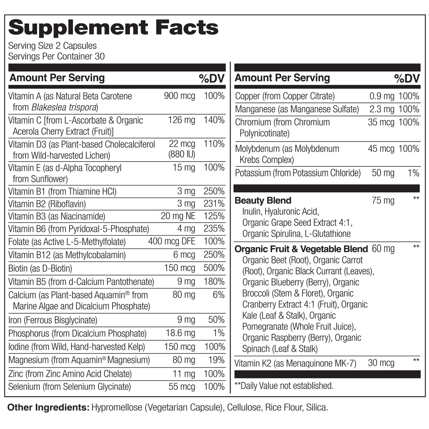 NATURELO Whole Food Multivitamin with Extra Hair, Skin and Nails Support - Beauty Blend with Hyaluronic Acid & Grape Seed - High Potency Biotin, Vitamin C - Maple Wellness Supplements