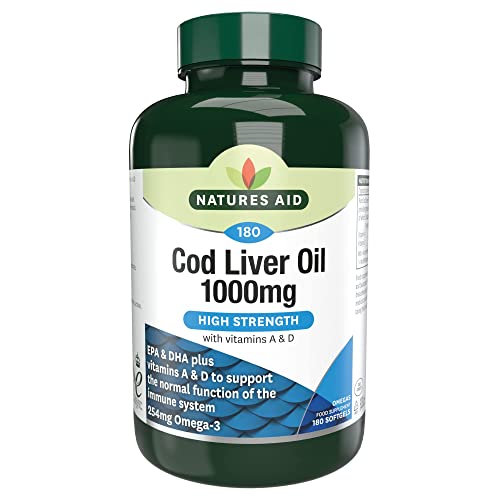 Natures Aid Cod Liver Oil, 1000 mg, 180 Softgel Capsules (High Strength, 254 mg Omega - Maple Wellness Supplements