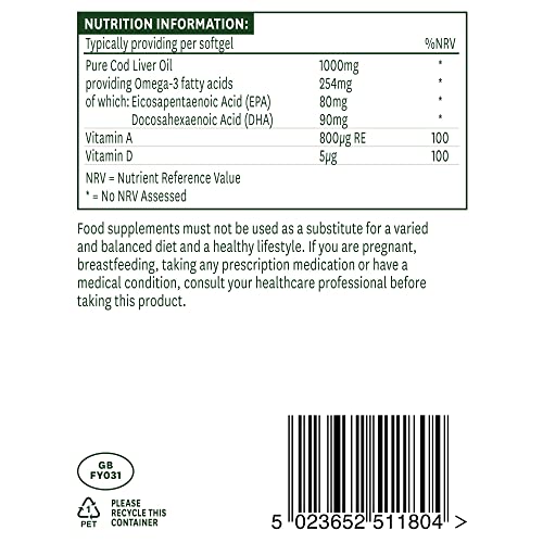 Natures Aid Cod Liver Oil, 1000 mg, 180 Softgel Capsules (High Strength, 254 mg Omega - Maple Wellness Supplements