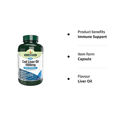 Natures Aid Cod Liver Oil, 1000 mg, 180 Softgel Capsules (High Strength, 254 mg Omega - Maple Wellness Supplements