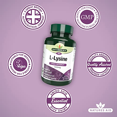 Natures Aid L-Lysine 1000 mg, High Potency Essential Amino Acid, Vegan, 60 Tablets - Maple Wellness Supplements