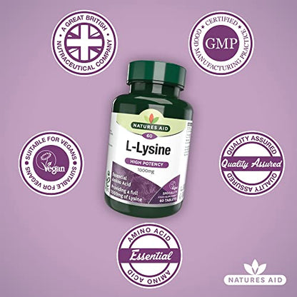 Natures Aid L-Lysine 1000 mg, High Potency Essential Amino Acid, Vegan, 60 Tablets - Maple Wellness Supplements