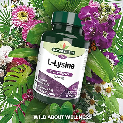 Natures Aid L-Lysine 1000 mg, High Potency Essential Amino Acid, Vegan, 60 Tablets - Maple Wellness Supplements