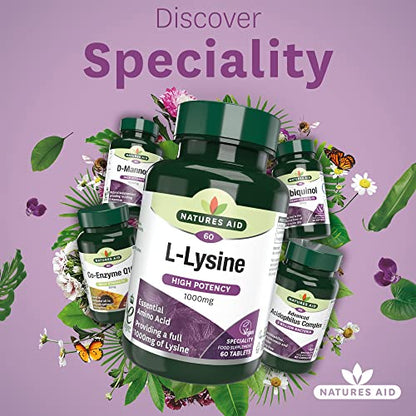 Natures Aid L-Lysine 1000 mg, High Potency Essential Amino Acid, Vegan, 60 Tablets - Maple Wellness Supplements