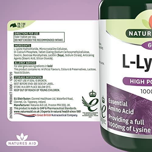 Natures Aid L-Lysine 1000 mg, High Potency Essential Amino Acid, Vegan, 60 Tablets - Maple Wellness Supplements