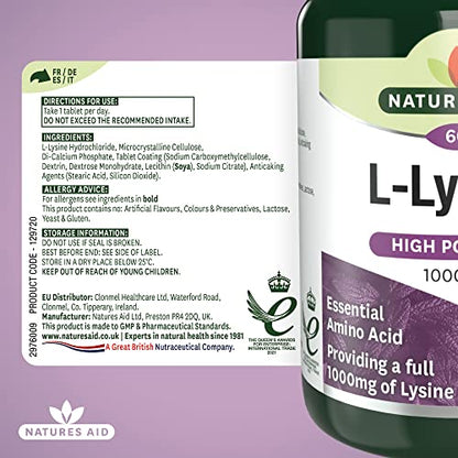Natures Aid L-Lysine 1000 mg, High Potency Essential Amino Acid, Vegan, 60 Tablets - Maple Wellness Supplements