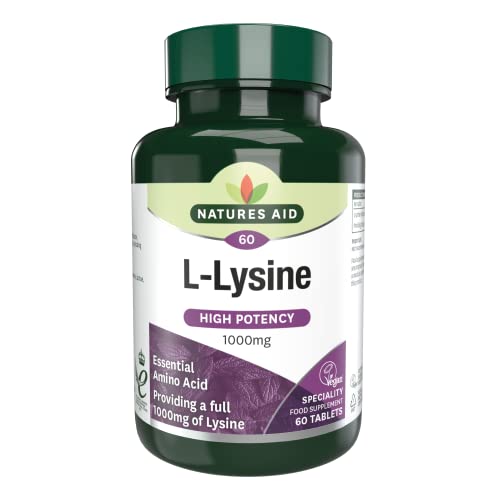 Natures Aid L-Lysine 1000 mg, High Potency Essential Amino Acid, Vegan, 60 Tablets - Maple Wellness Supplements