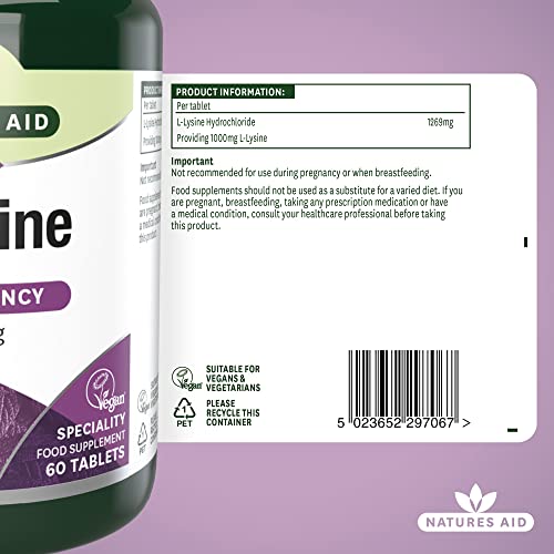 Natures Aid L-Lysine 1000 mg, High Potency Essential Amino Acid, Vegan, 60 Tablets - Maple Wellness Supplements