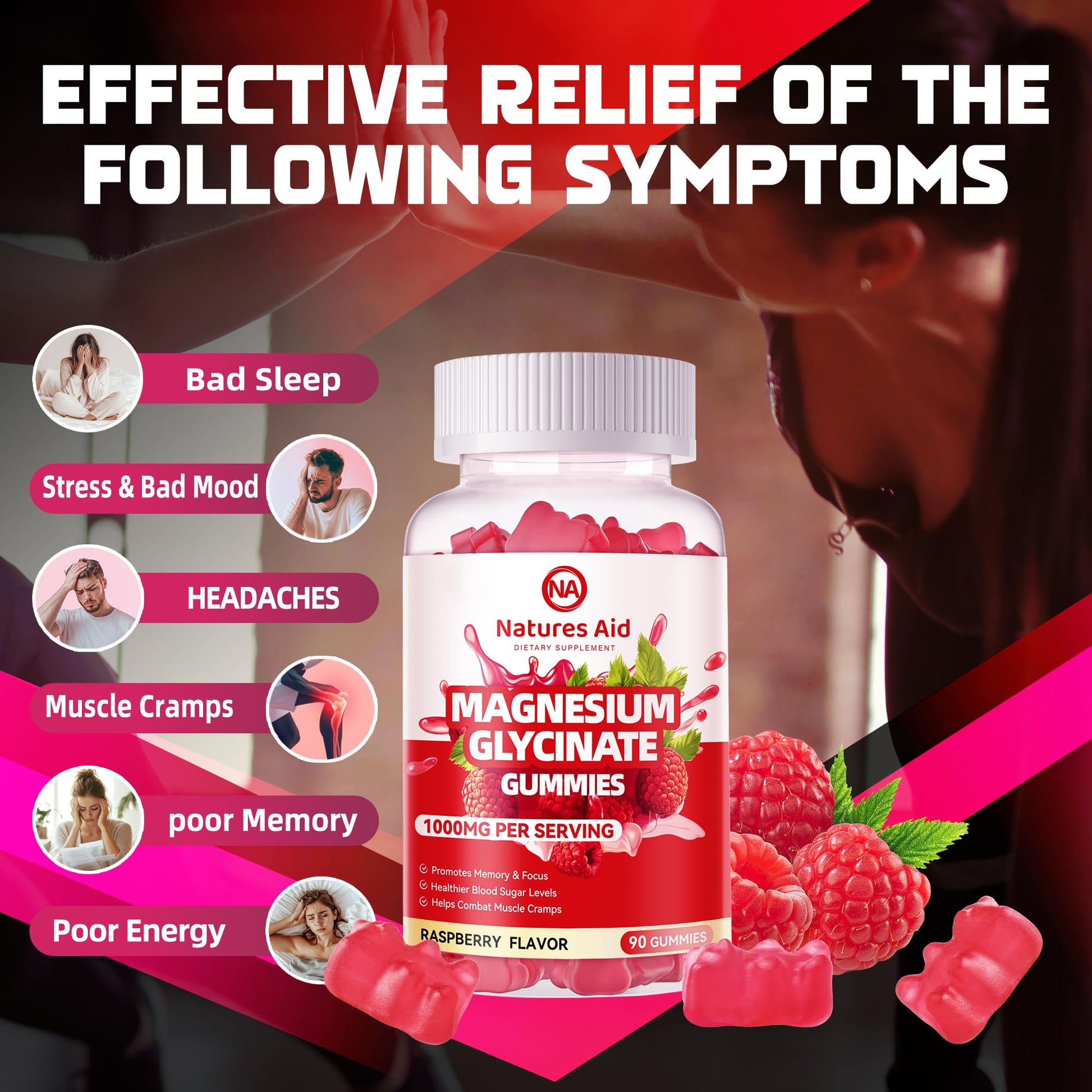 Natures Aid Magnesium Glycinate Gummies 1000mg - Sugar Free Magnesium Potassium Supplement with Vitamin D, B6, CoQ10 for Calm Mood - Maple Wellness Supplements