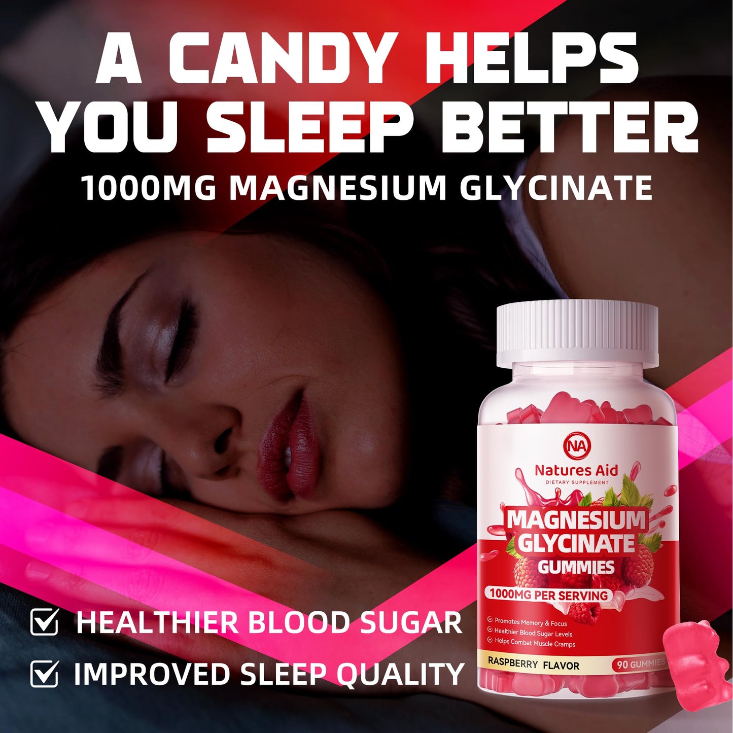 Natures Aid Magnesium Glycinate Gummies 1000mg - Sugar Free Magnesium Potassium Supplement with Vitamin D, B6, CoQ10 for Calm Mood - Maple Wellness Supplements