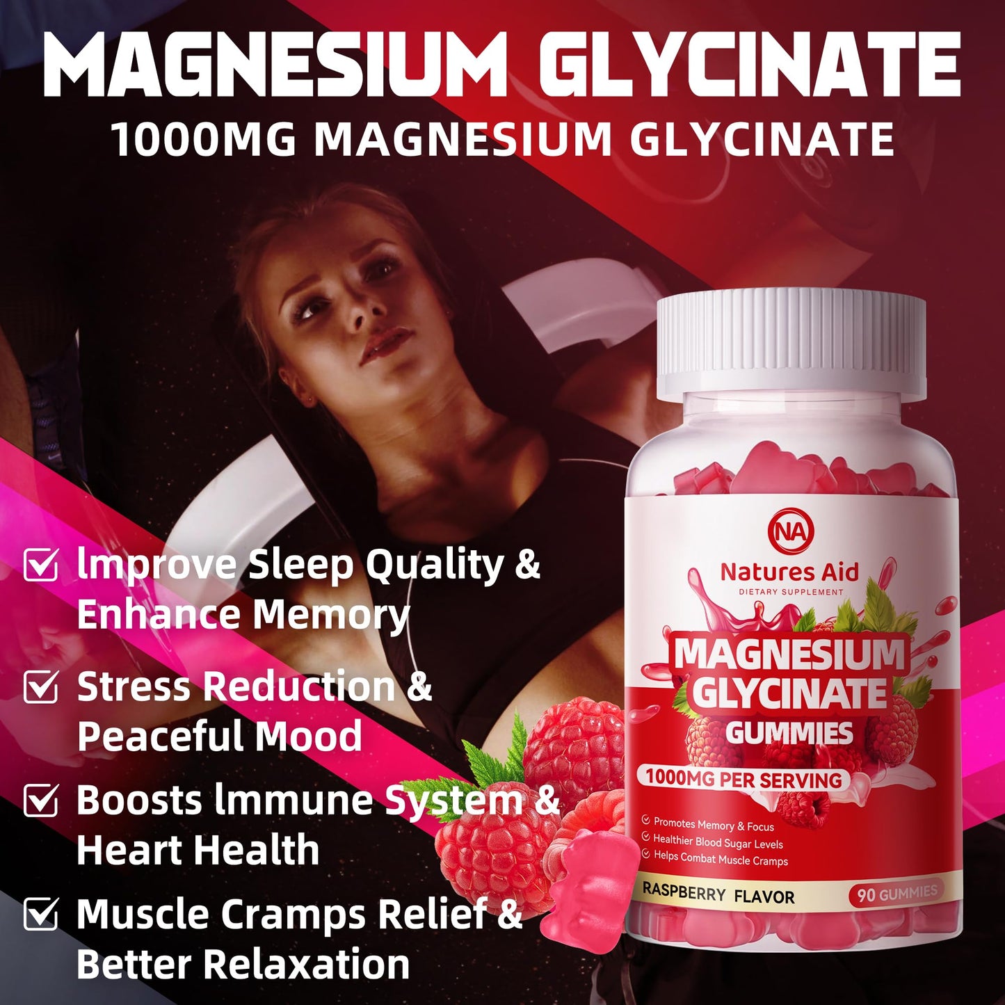 Natures Aid Magnesium Glycinate Gummies 1000mg - Sugar Free Magnesium Potassium Supplement with Vitamin D, B6, CoQ10 for Calm Mood - Maple Wellness Supplements