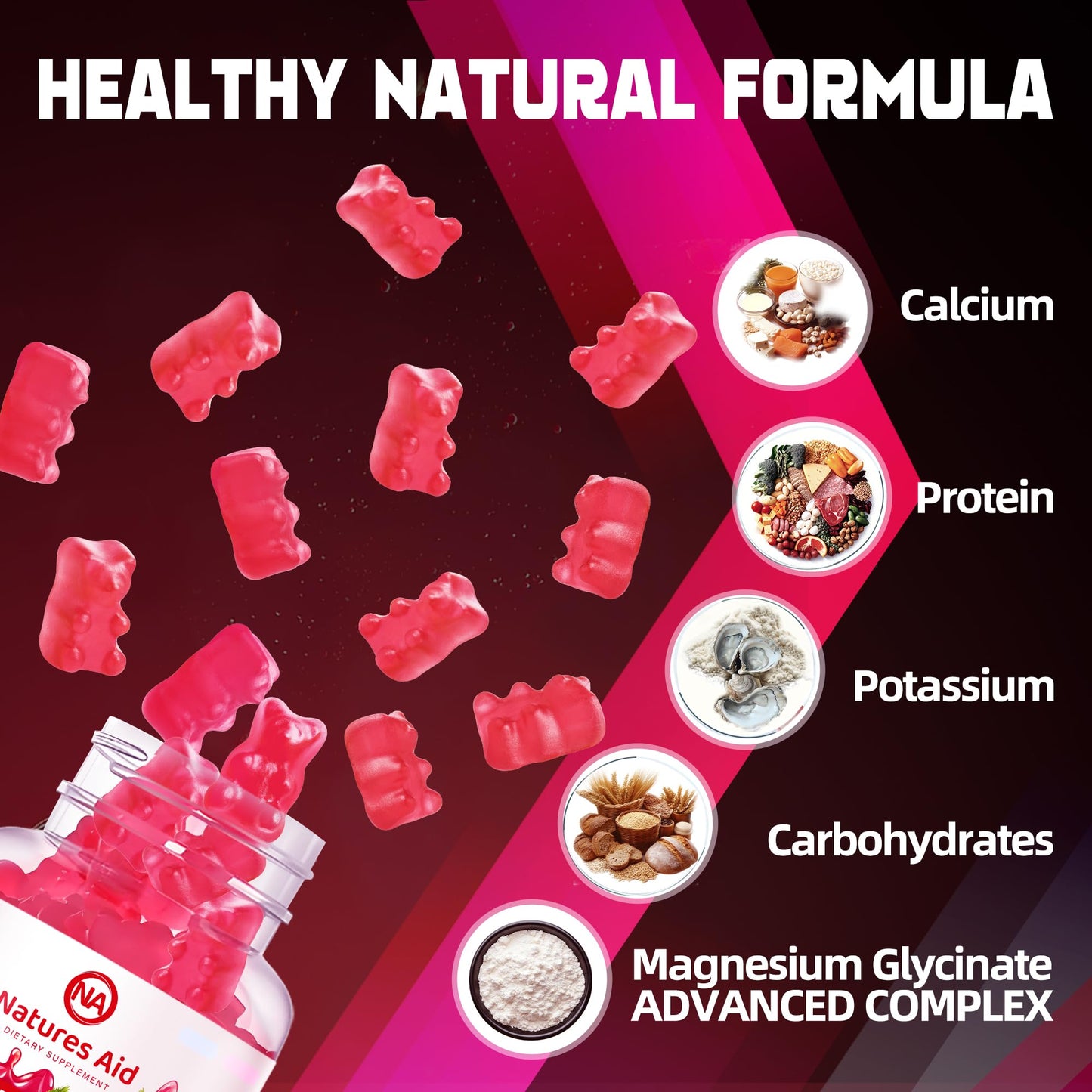 Natures Aid Magnesium Glycinate Gummies 1000mg - Sugar Free Magnesium Potassium Supplement with Vitamin D, B6, CoQ10 for Calm Mood - Maple Wellness Supplements
